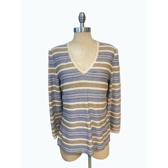 St John Sport Blue Gold Stripe Metallic Studs V Neck Sweater Small - Picture 1 of 6